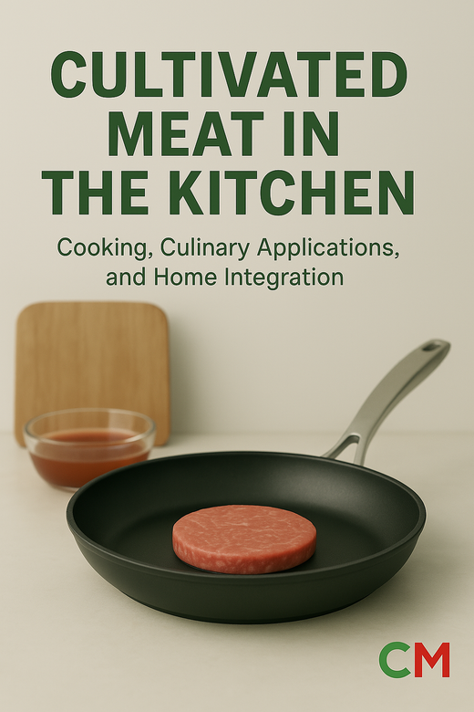 Cultivated meat in the kitchen showing cooking applications with pan, cutting board and culinary tools