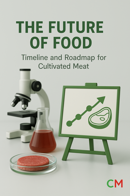 The future of food timeline and roadmap featuring microscope, growth chart, and cultivated meat samples