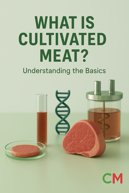 What is cultivated meat educational image showing lab equipment, DNA helix, and meat samples explaining the basics